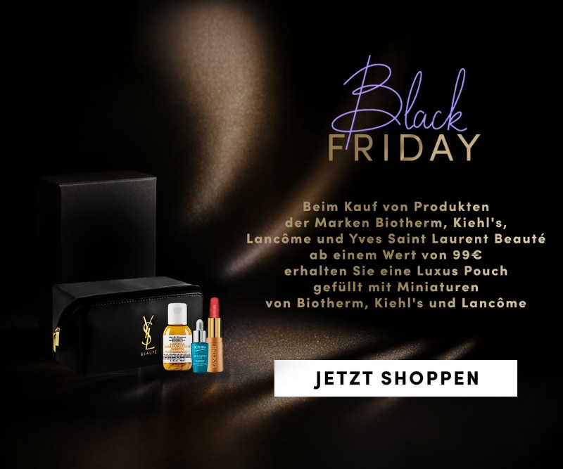 Black Friday: Beim Kauf von Produkten der Marken Biotherm, Kiehl&apos;s, Lancôme und Yves Saint Laurent Beauté ab einem Wert von 99€ erhalten Sie eine Luxus Pouch gefüllt mit Miniaturen von Biotherm, Kiehl&apos;s und Lancôme